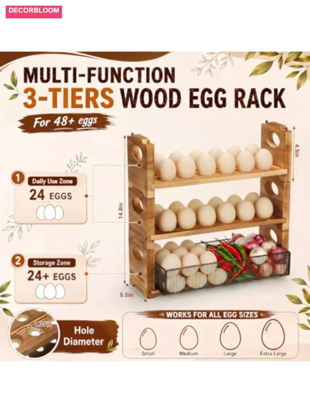 Fumete 3-Tier Wooden Egg Holder Countertop for 48 Eggs